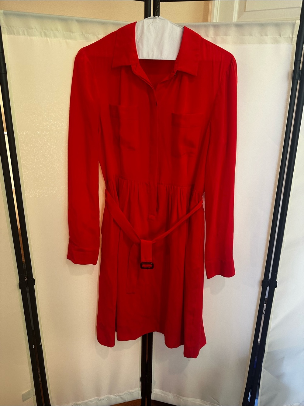 Jcrew 100% silk Red Long-Sleeve Shirt Dress with Waist Tie
